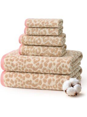 Leopard Print 100% Cotton Towel Set of 6 | Quick Dry, Absorbent Bath Towels